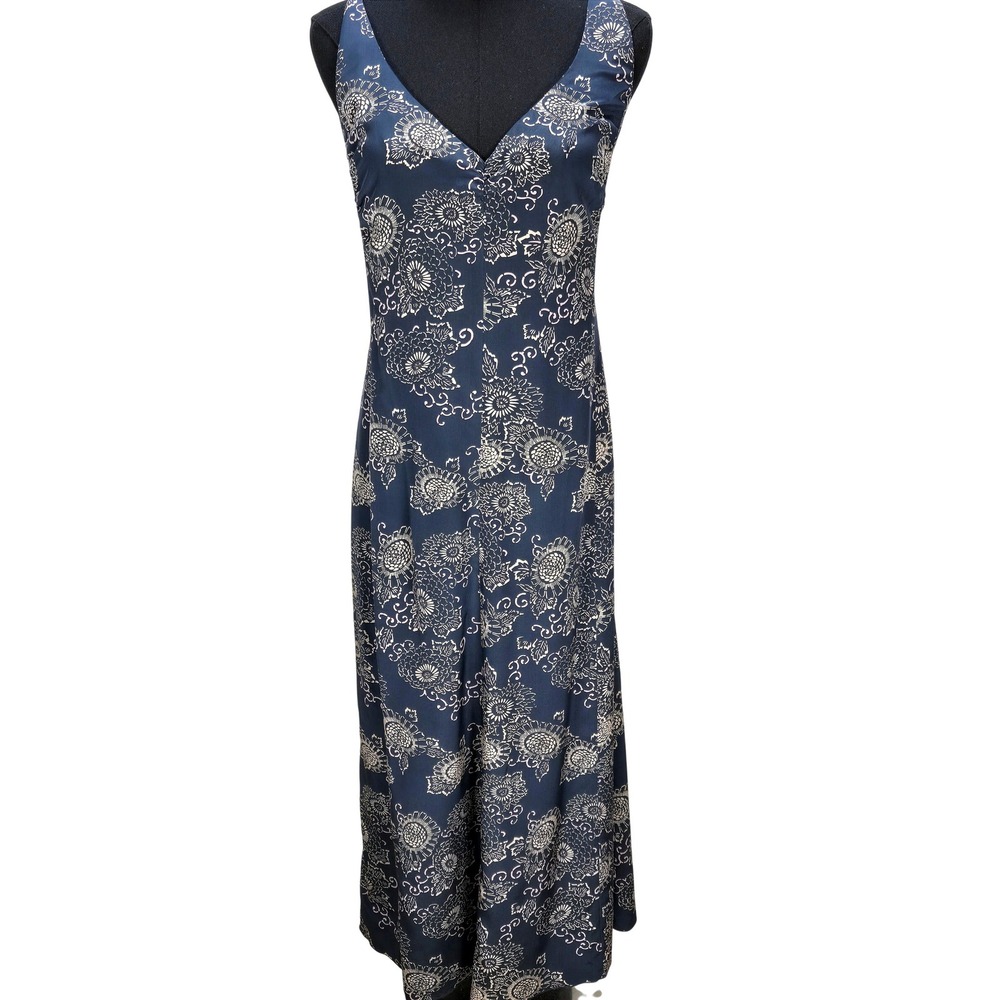 Women's J.Crew Size 14 100% Silk Maxi Dress Navy Floral V-Neck Romantic Boho‎